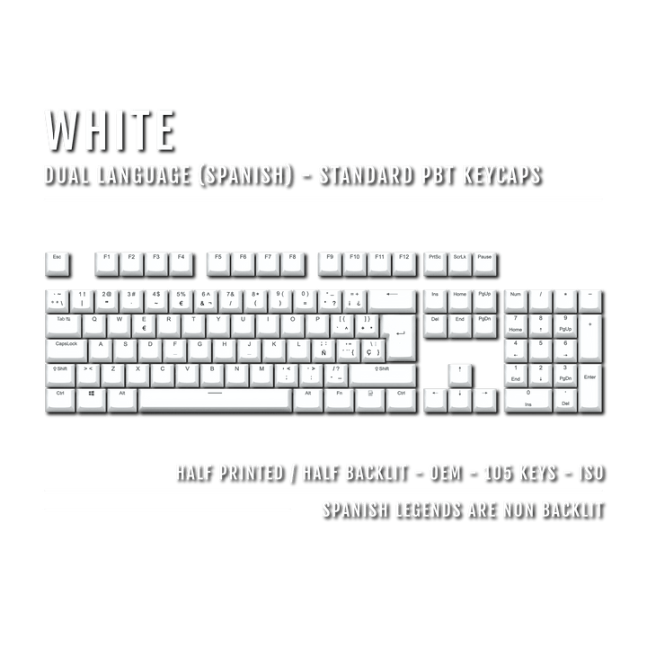 White PBT Spanish Keycaps - ISO-ES - 100% Size - Dual Language Keycaps - kromekeycaps