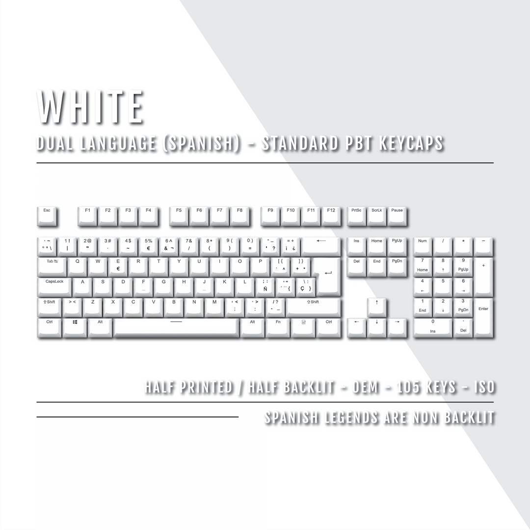 White PBT Spanish Keycaps - ISO-ES - 100% Size - Dual Language Keycaps - kromekeycaps