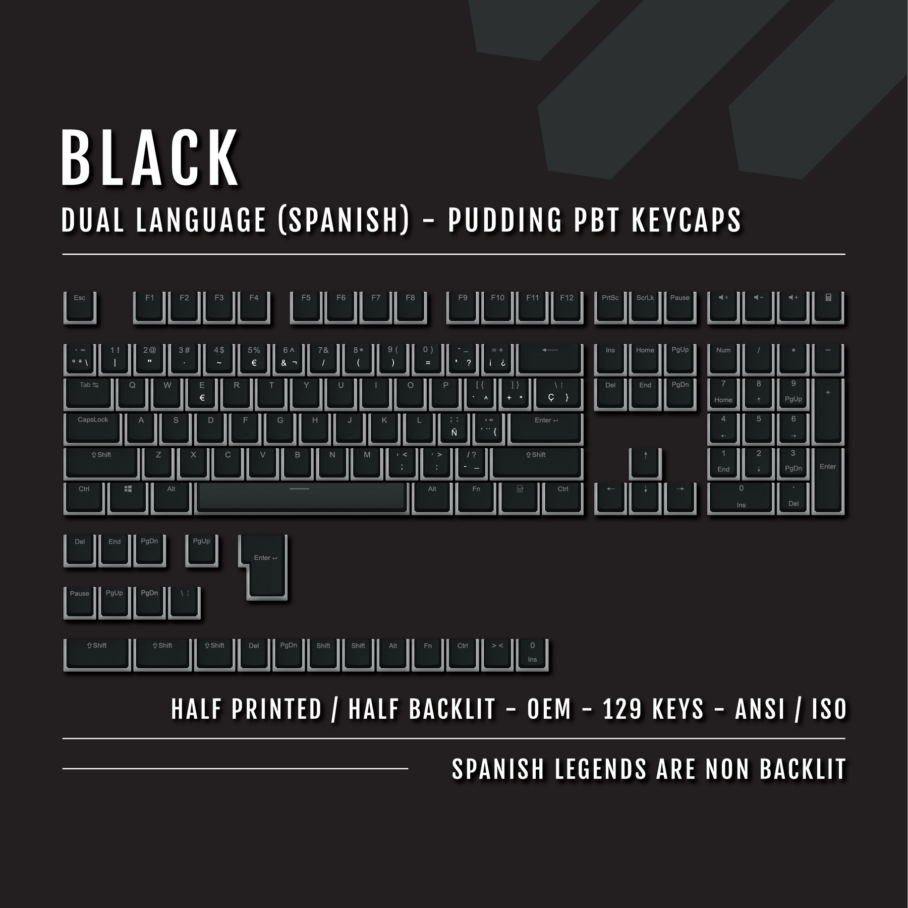 Spanish Key Set Black Spanish ISO-ES PBT Pudding Keycaps - Dual Language Design – Krome ...