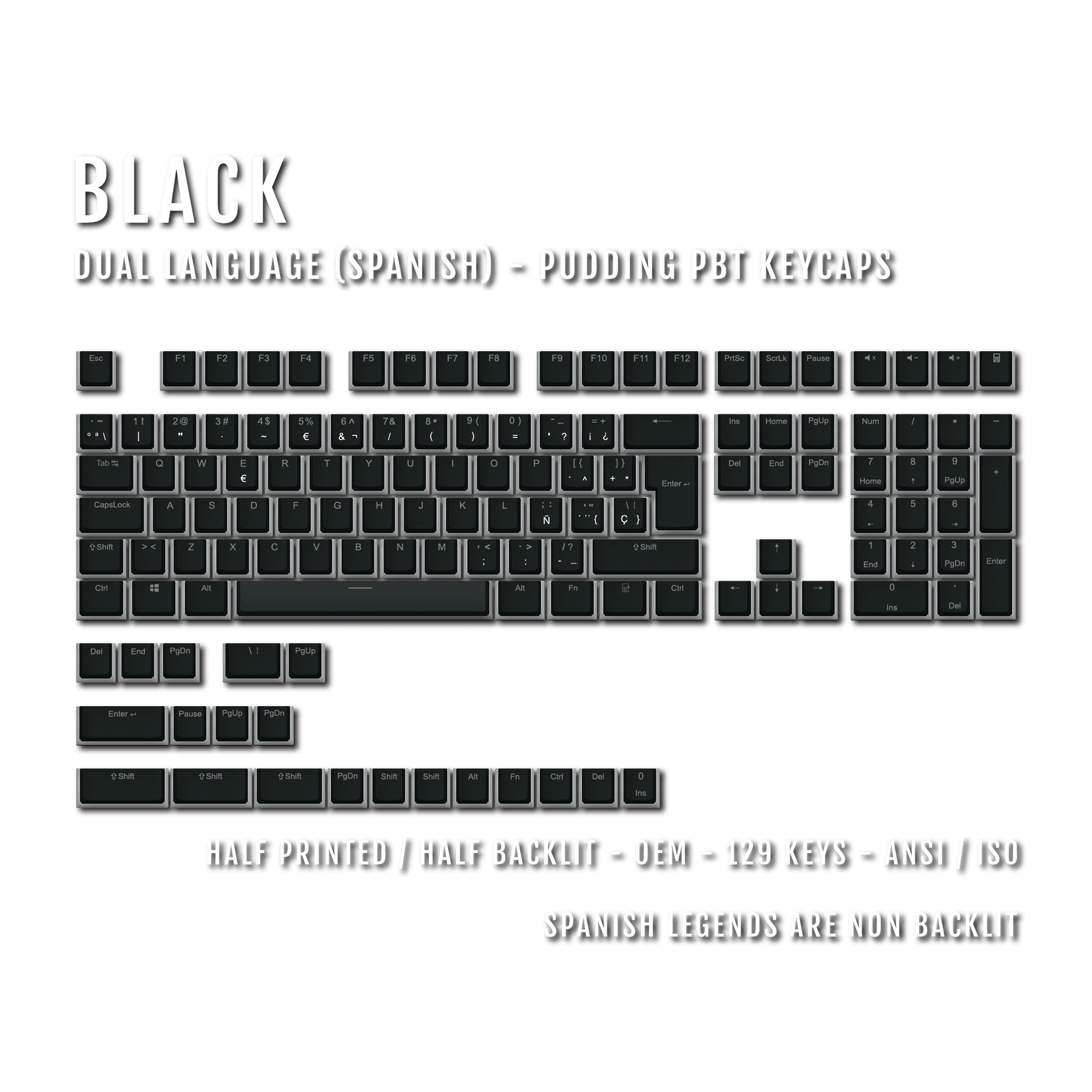 Spanish Key Set Black Spanish ISO-ES PBT Pudding Keycaps - Dual Language Design – Krome ...