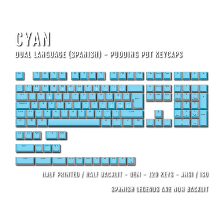 Cyan Spanish (ISO-ES) Dual Language PBT Pudding Keycaps Krome Keycaps LTD spanish
