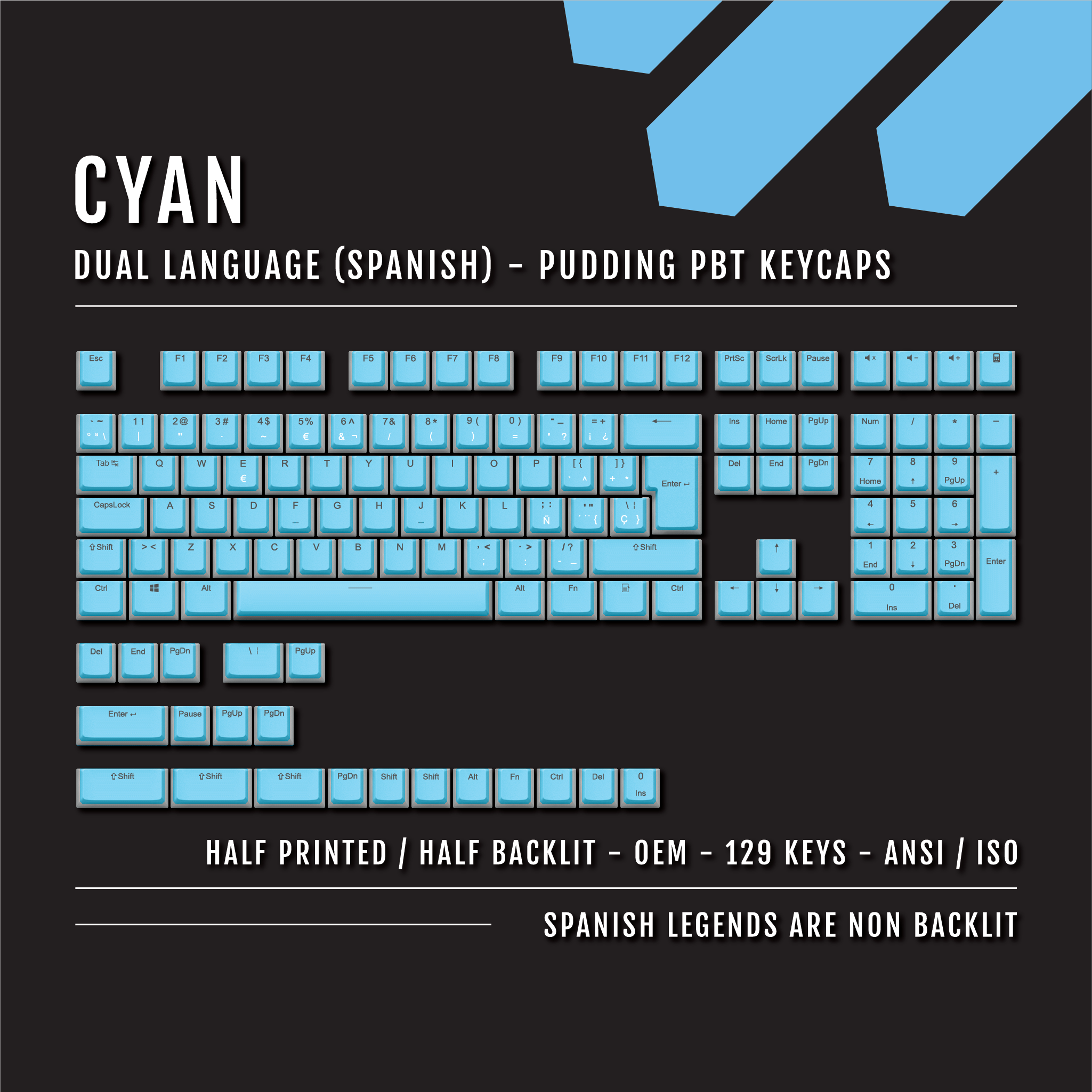 Cyan Spanish (ISO-ES) Dual Language PBT Pudding Keycaps – Krome Keycaps LTD