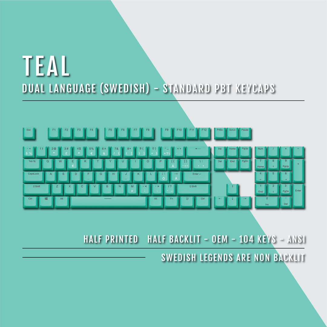Teal PBT Swedish Keycaps - ISO-SE - 100% Size - Dual Language Keycaps - kromekeycaps