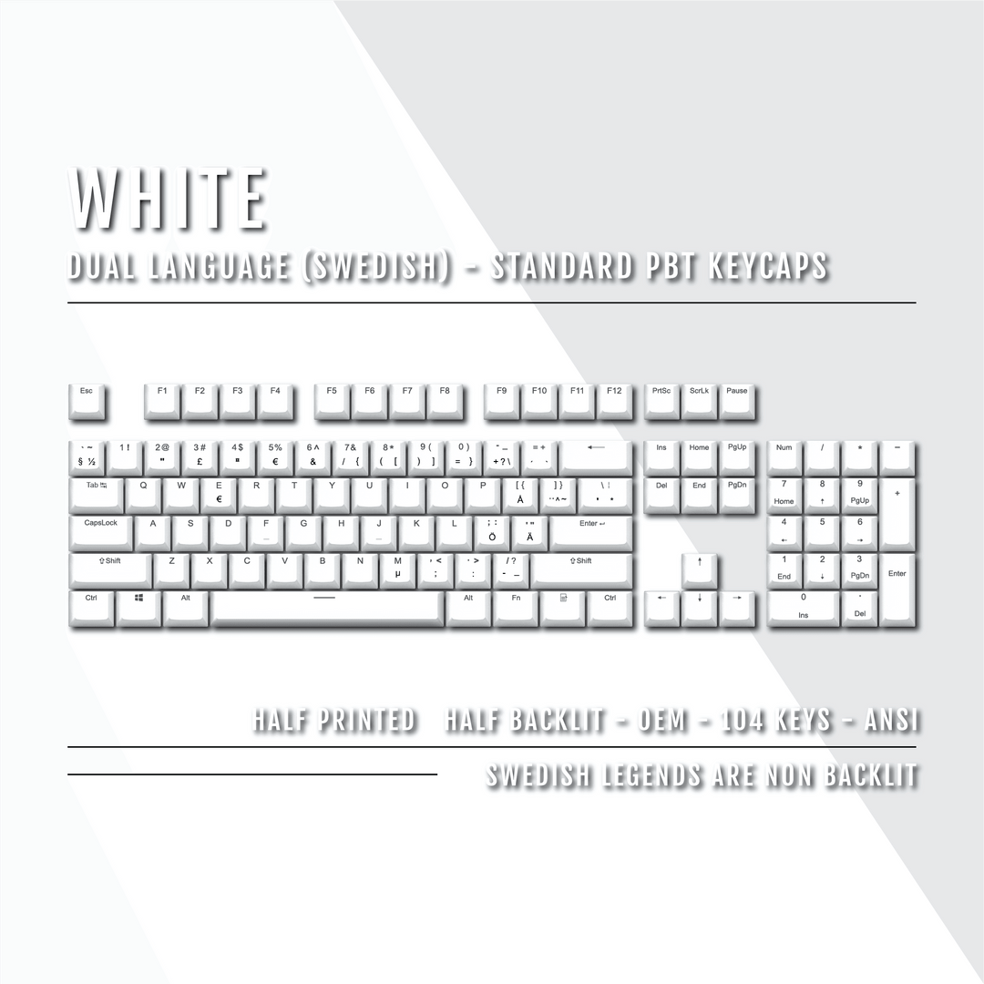 White PBT Swedish Keycaps - ISO-SE - 100% Size - Dual Language Keycaps - kromekeycaps