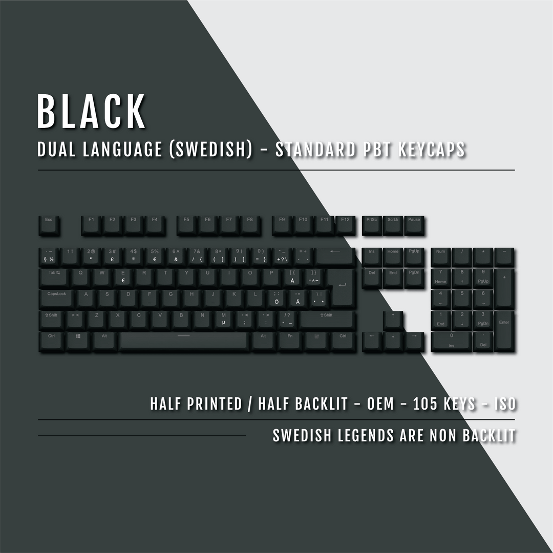 Black PBT Swedish Keycaps - ISO-SE - 100% Size - Dual Language Keycaps - kromekeycaps