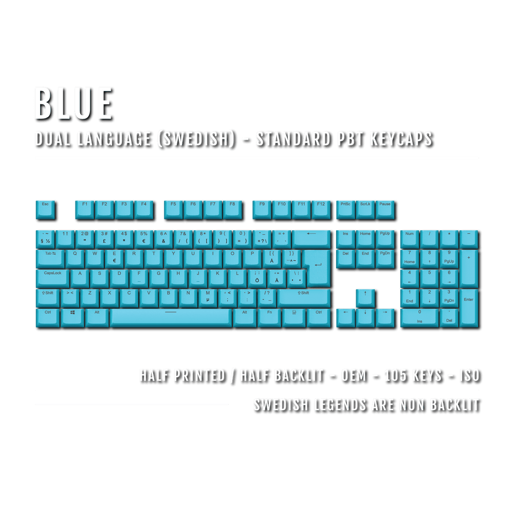 Blue PBT Swedish Keycaps - ISO-SE - 100% Size - Dual Language Keycaps - kromekeycaps