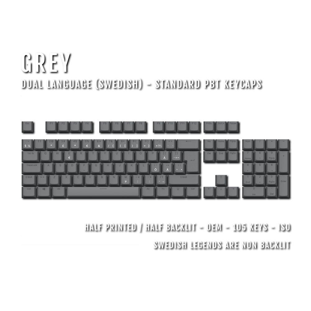 Grey PBT Swedish Keycaps - ISO-SE - 100% Size - Dual Language Keycaps - kromekeycaps
