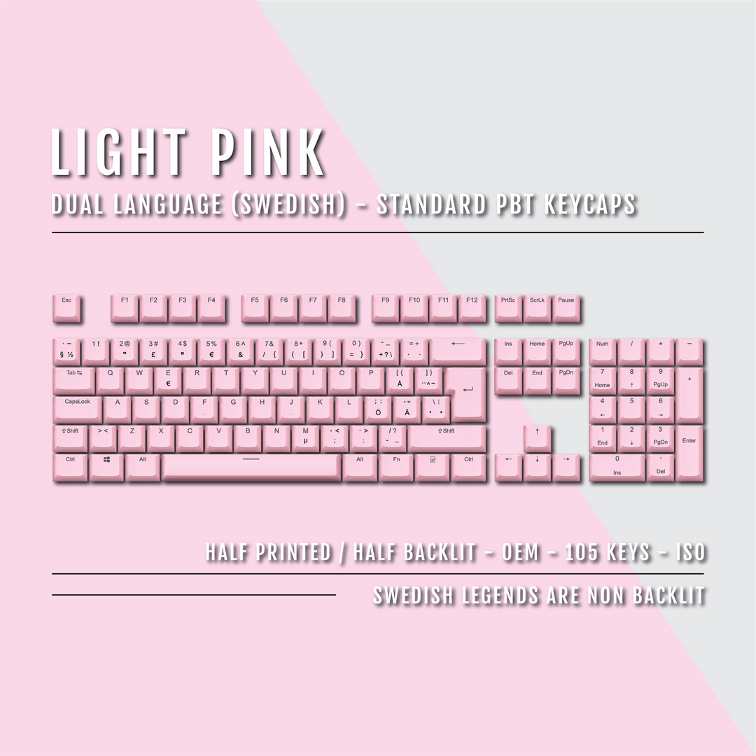 Light Pink PBT Swedish Keycaps - ISO-SE - 100% Size - Dual Language Keycaps - kromekeycaps