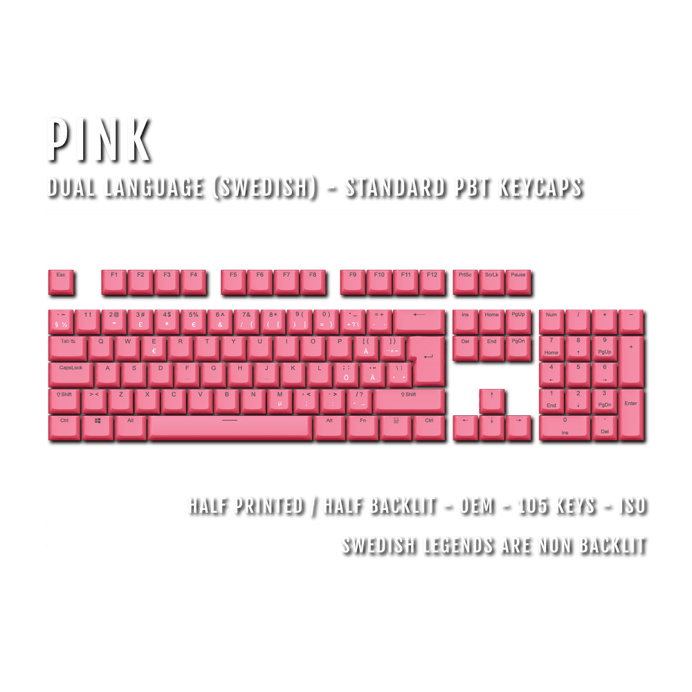 Pink PBT Swedish Keycaps - ISO-SE - 100% Size - Dual Language Keycaps - kromekeycaps