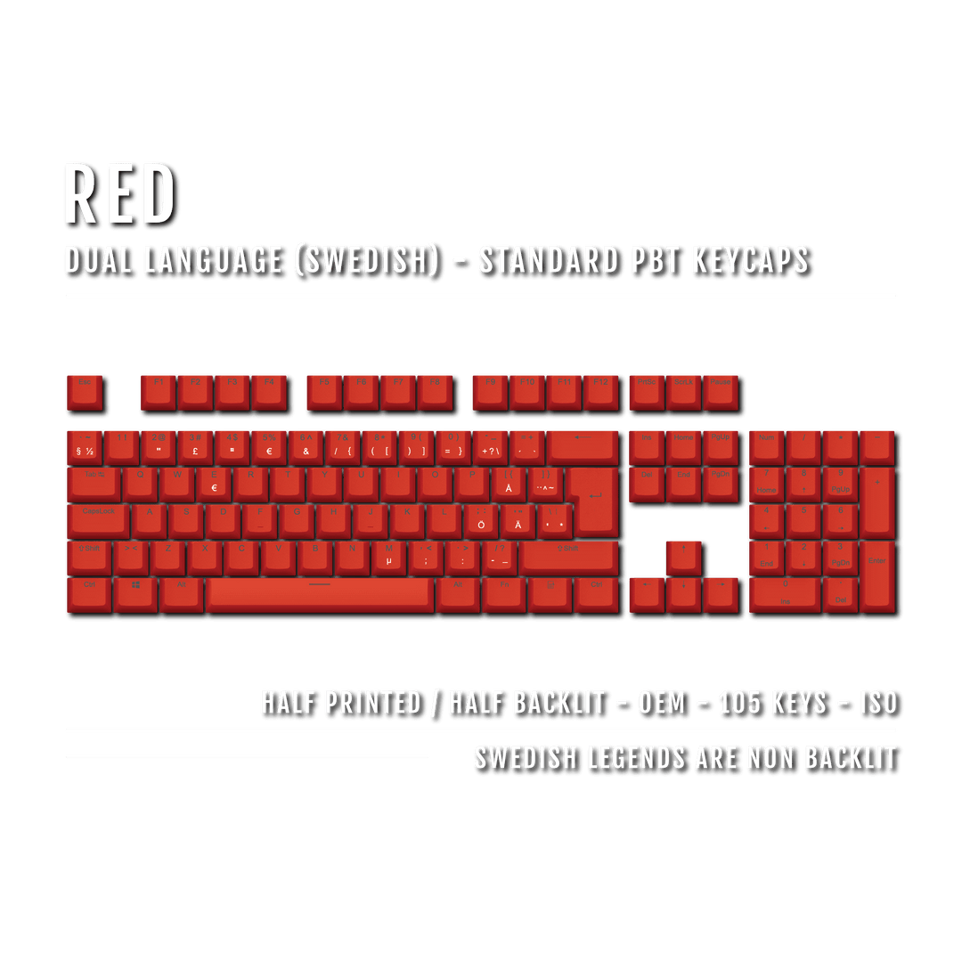 Red PBT Swedish Keycaps - ISO-SE - 100% Size - Dual Language Keycaps - kromekeycaps