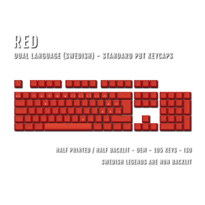 Red PBT Swedish Keycaps - ISO-SE - 100% Size - Dual Language Keycaps - kromekeycaps