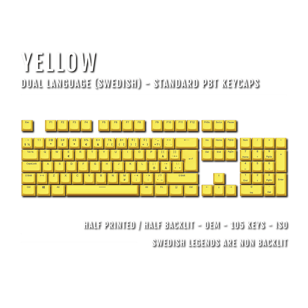 Yellow PBT Swedish Keycaps - ISO-SE - 100% Size - Dual Language Keycaps - kromekeycaps