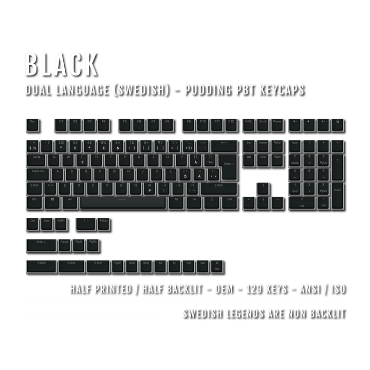 Black Swedish (ISO-SE) Dual Language PBT Pudding Keycaps Krome Keycaps LTD swedish