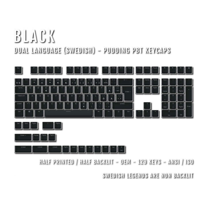 Black Swedish (ISO-SE) Dual Language PBT Pudding Keycaps