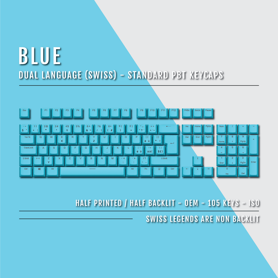 Blue PBT Swiss Keycaps - ISO-CH - 100% Size - Dual Language Keycaps - kromekeycaps