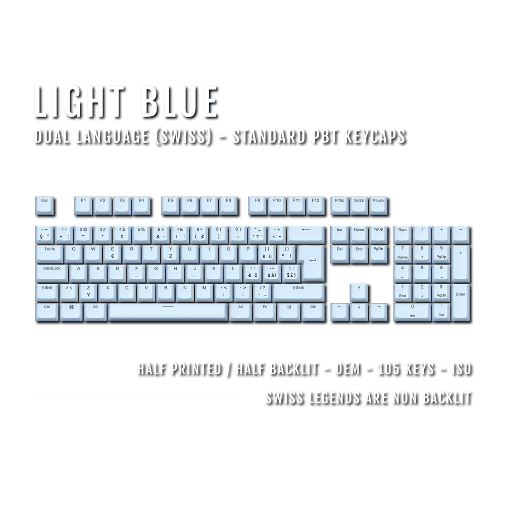 Light Blue PBT Swiss Keycaps - ISO-CH - 100% Size - Dual Language Keycaps - kromekeycaps