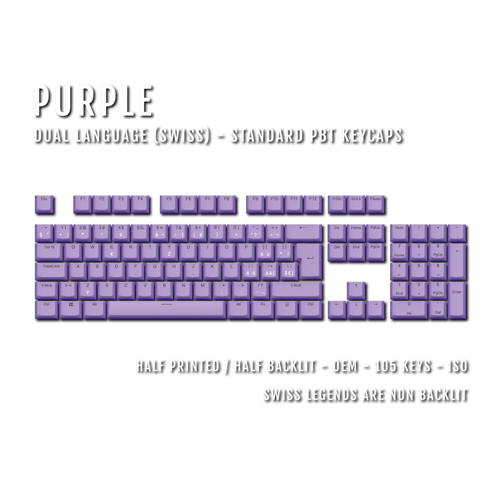 Purple PBT Swiss Keycaps - ISO-CH - 100% Size - Dual Language Keycaps - kromekeycaps