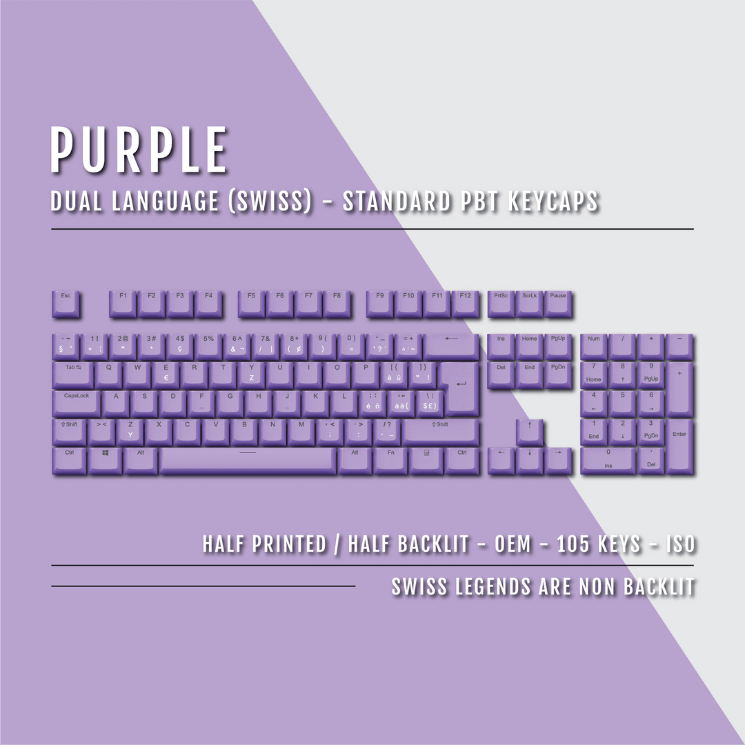 Purple PBT Swiss Keycaps - ISO-CH - 100% Size - Dual Language Keycaps - kromekeycaps