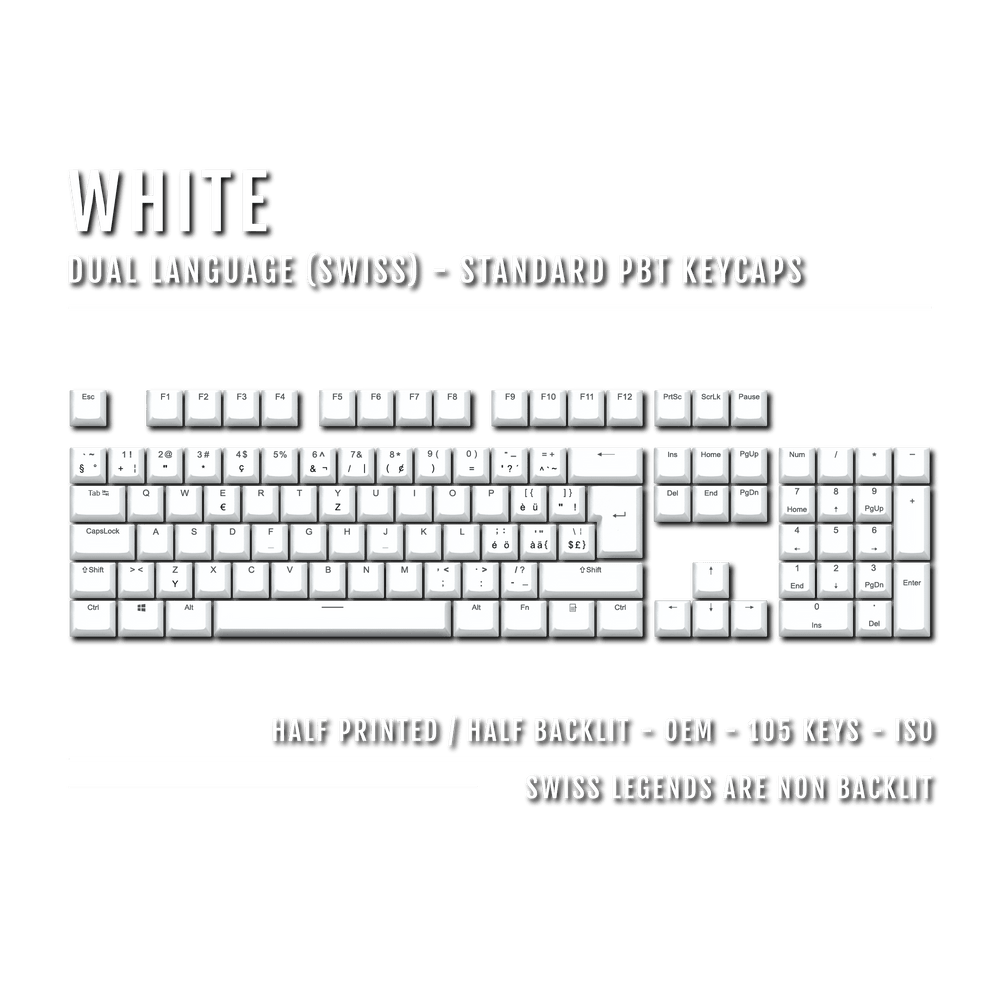 White PBT Swiss Keycaps - ISO-CH - 100% Size - Dual Language Keycaps - kromekeycaps