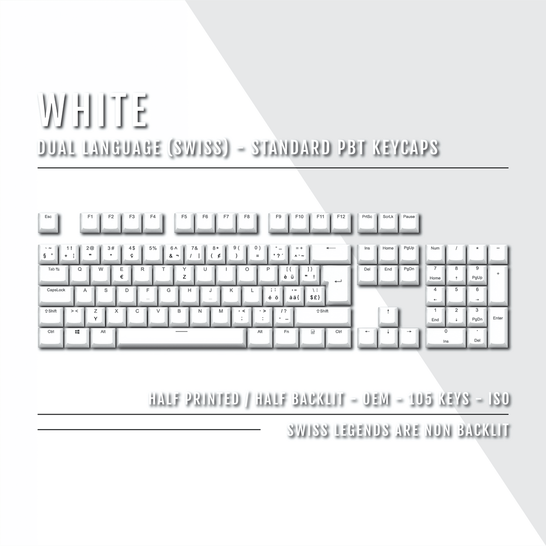 White PBT Swiss Keycaps - ISO-CH - 100% Size - Dual Language Keycaps - kromekeycaps