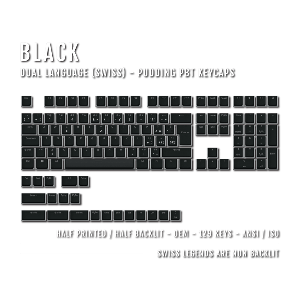 Black Swiss (ISO-CH) Dual Language PBT Pudding Keycaps Krome Keycaps LTD swiss