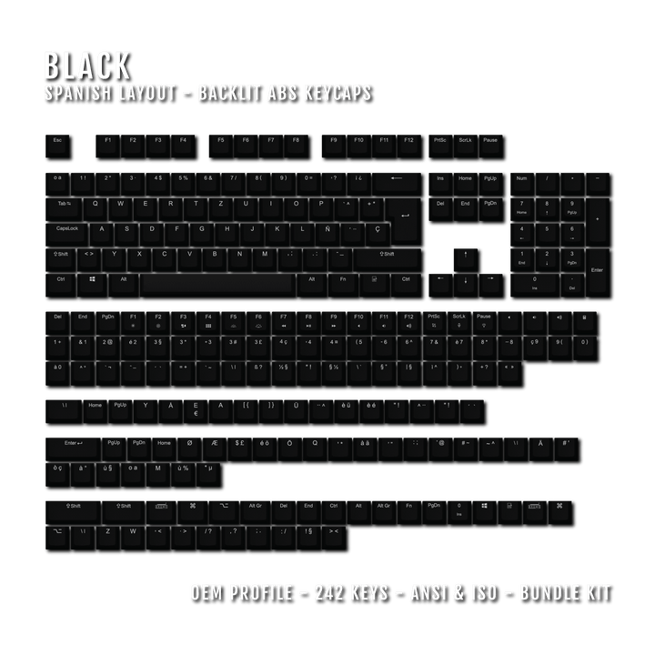 Black Backlit Spanish Keycaps - ISO-ES - Windows & Mac - kromekeycaps