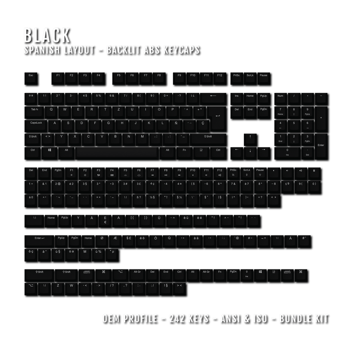 Black Backlit Spanish Keycaps - ISO-ES - Windows & Mac - kromekeycaps