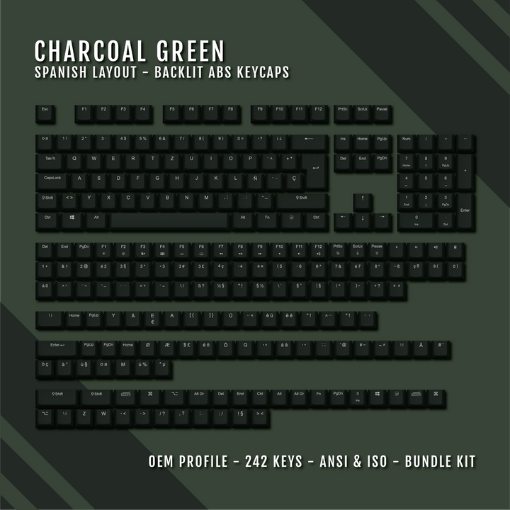 Charcoal Green Backlit Spanish Keycaps - ISO-ES - Windows & Mac - kromekeycaps