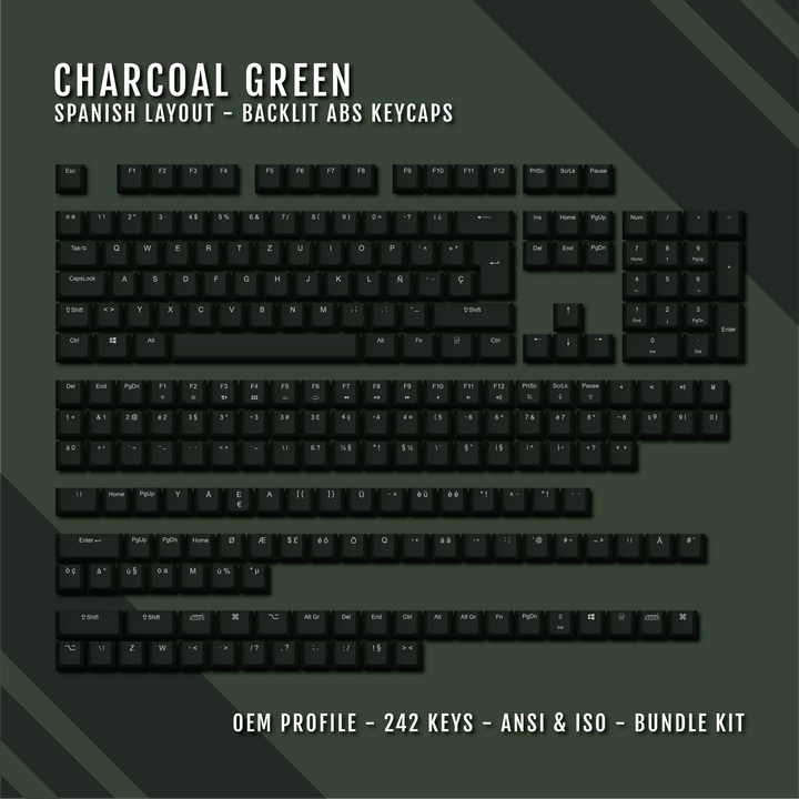 Charcoal Green Spanish (ISO-ES) Backlit ABS Keycaps for Windows & Mac Krome Keycaps LTD spanish