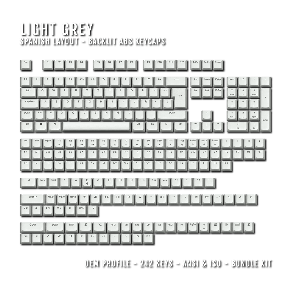 Light Grey Backlit Spanish Keycaps - ISO-ES - Windows & Mac - kromekeycaps
