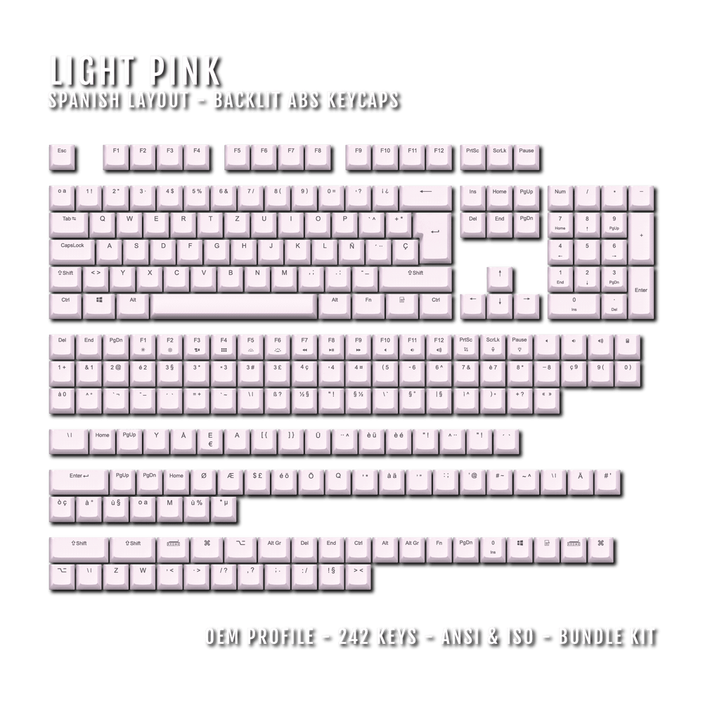 Light Pink Spanish (ISO-ES) Backlit ABS Keycaps for Windows & Mac Krome Keycaps LTD spanish