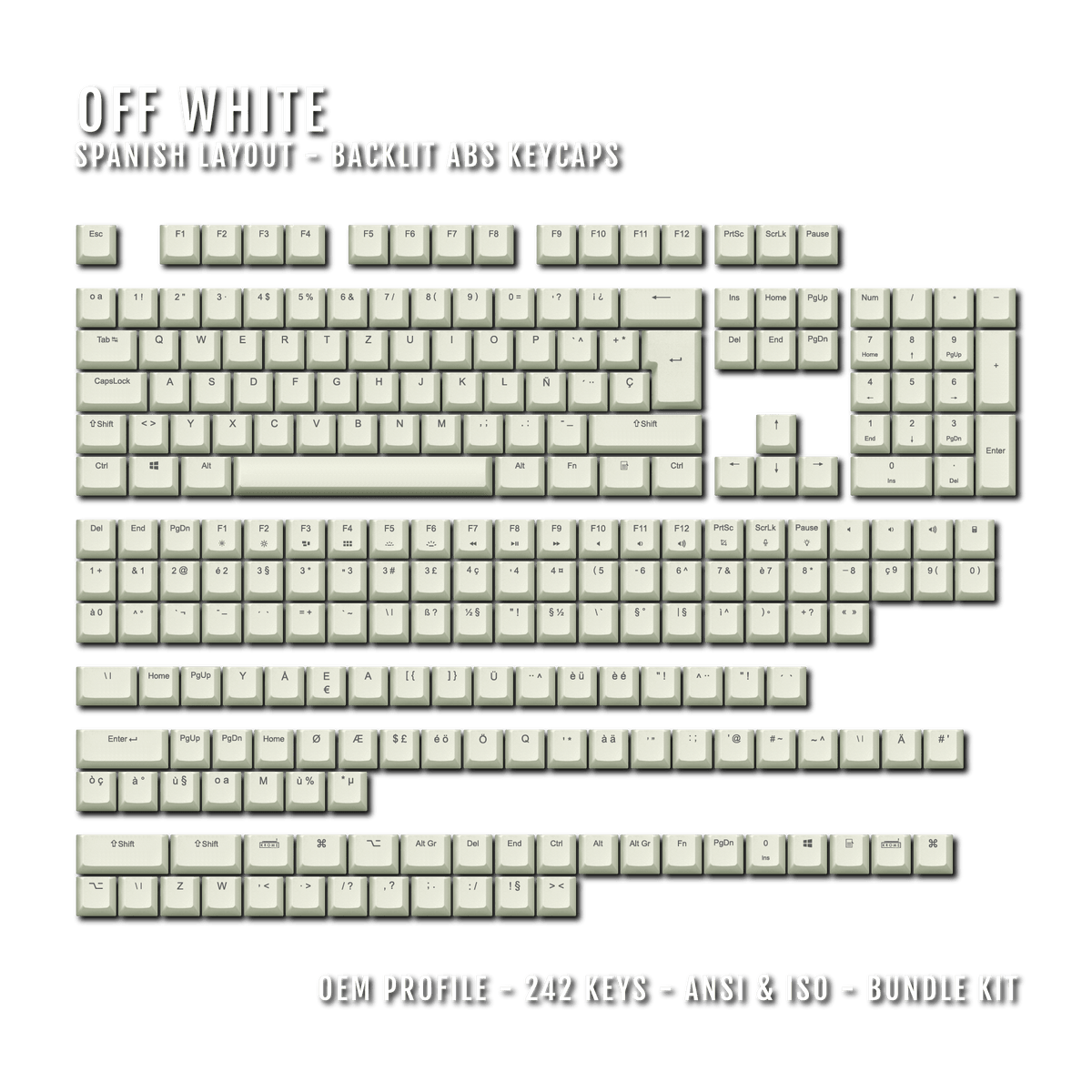 Spanish Key Set Off White Spanish (ISO-ES) Backlit ABS Keycaps for Windows & Mac ...
