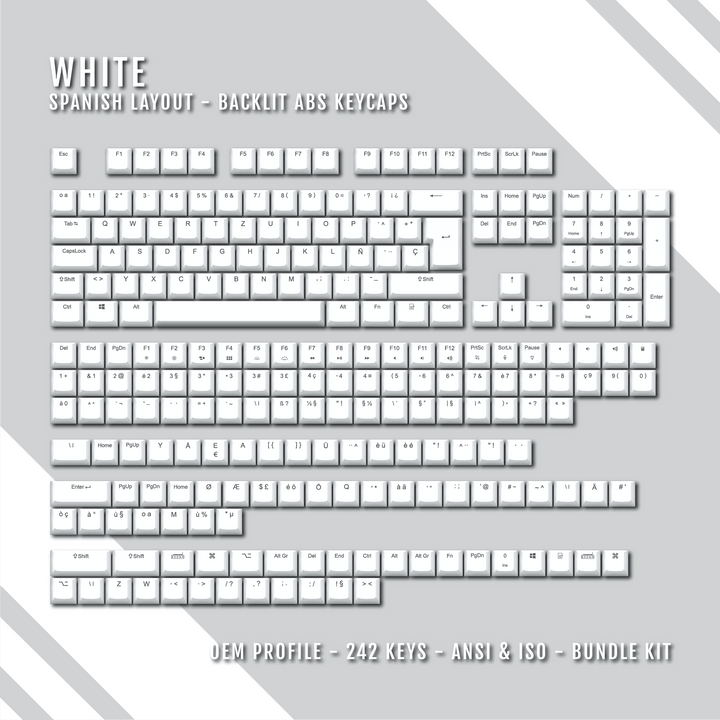 White Spanish (ISO-ES) Backlit ABS Keycaps for Windows & Mac Krome Keycaps LTD spanish
