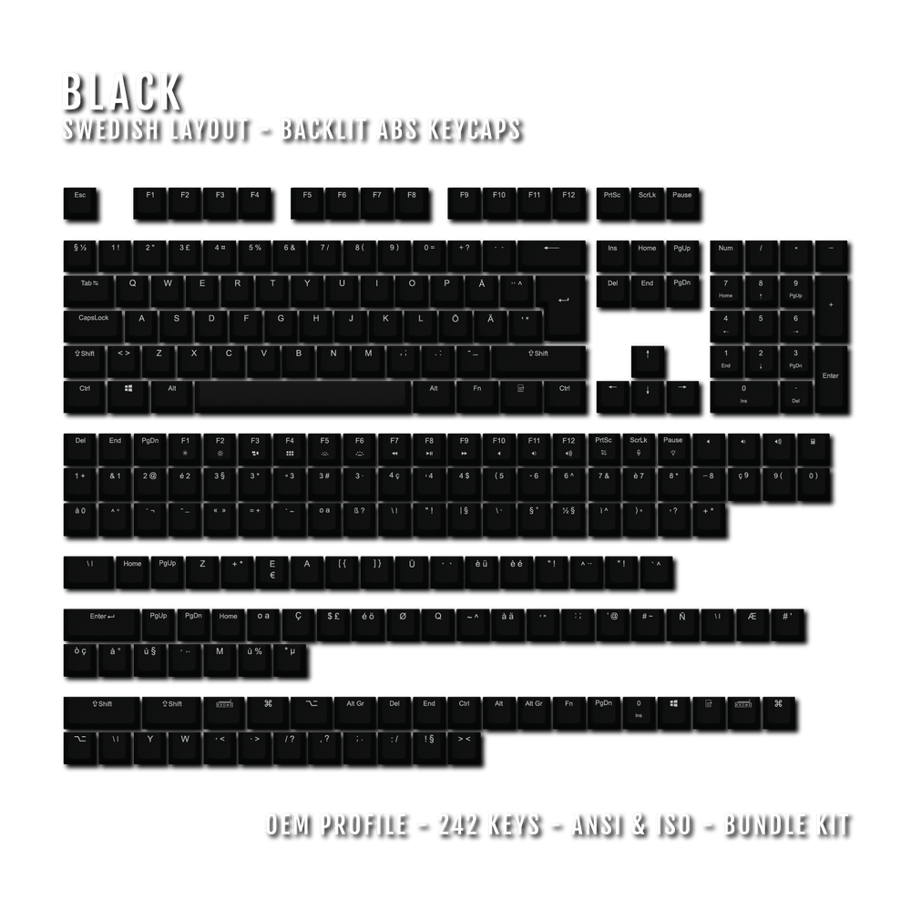 Black Backlit Swedish Keycaps - ISO-SE - Windows & Mac - kromekeycaps