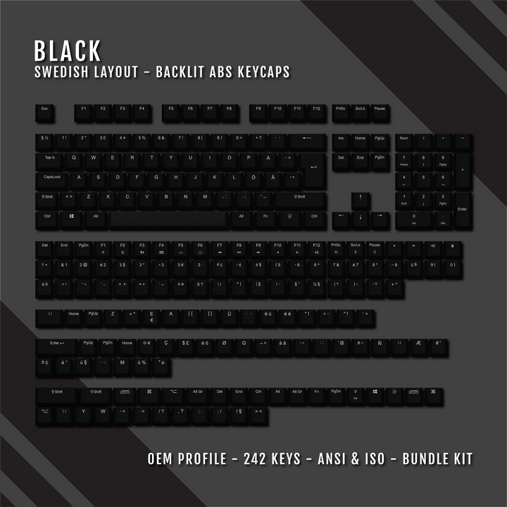 Black Swedish (ISO-SE) Backlit ABS Keycaps for Windows & Mac Krome Keycaps LTD swedish