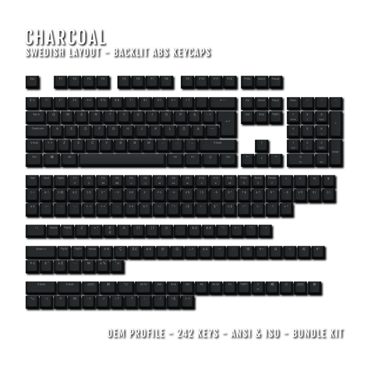 Charcoal Backlit Swedish Keycaps - ISO-SE - Windows & Mac - kromekeycaps