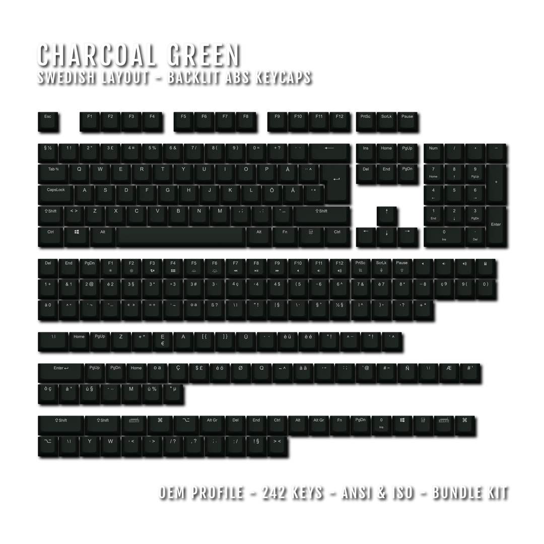 Charcoal Green Backlit Swedish Keycaps - ISO-SE - Windows & Mac - kromekeycaps