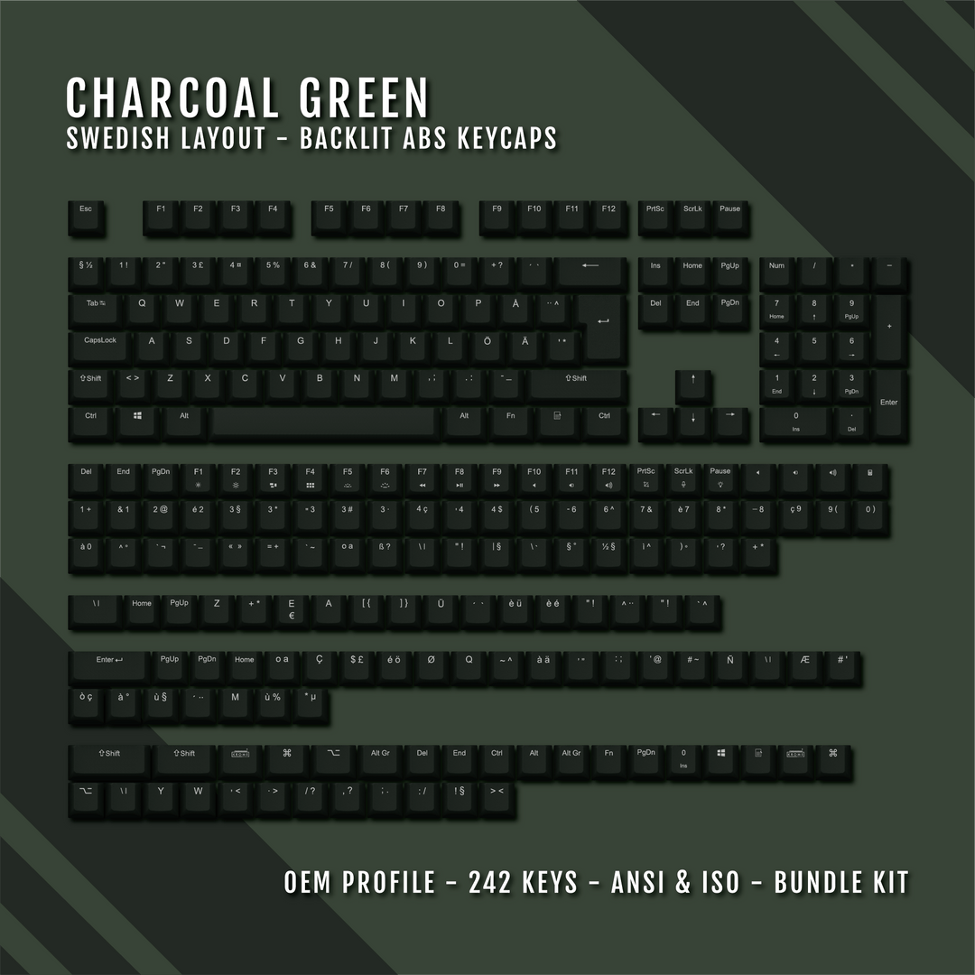 Charcoal Green Backlit Swedish Keycaps - ISO-SE - Windows & Mac - kromekeycaps