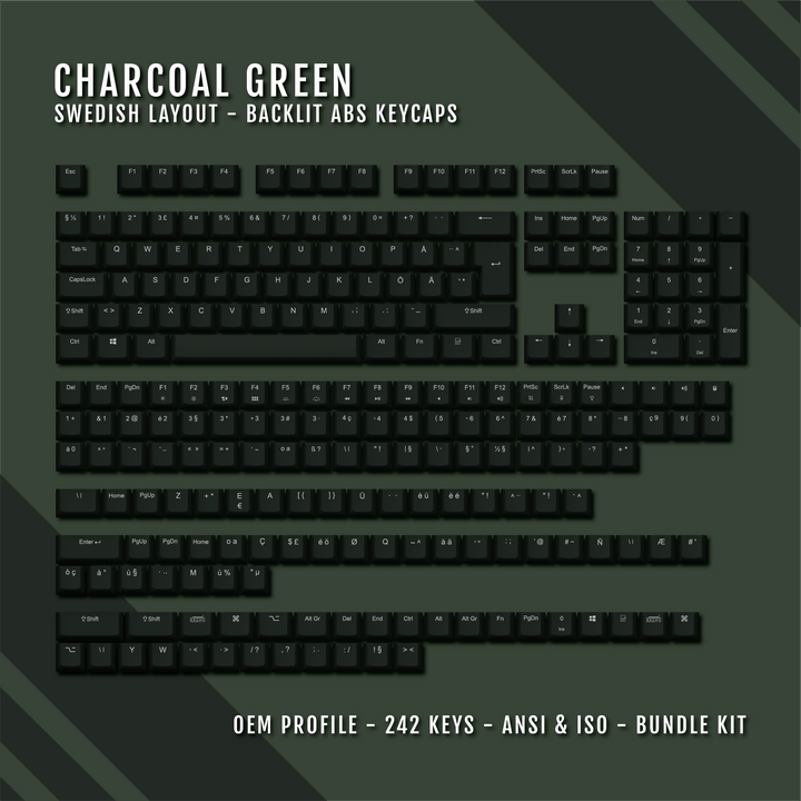 Charcoal Green Swedish (ISO-SE) Backlit ABS Keycaps for Windows & Mac Krome Keycaps LTD swedish