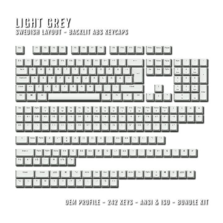 Light Grey Backlit Swedish Keycaps - ISO-SE - Windows & Mac - kromekeycaps
