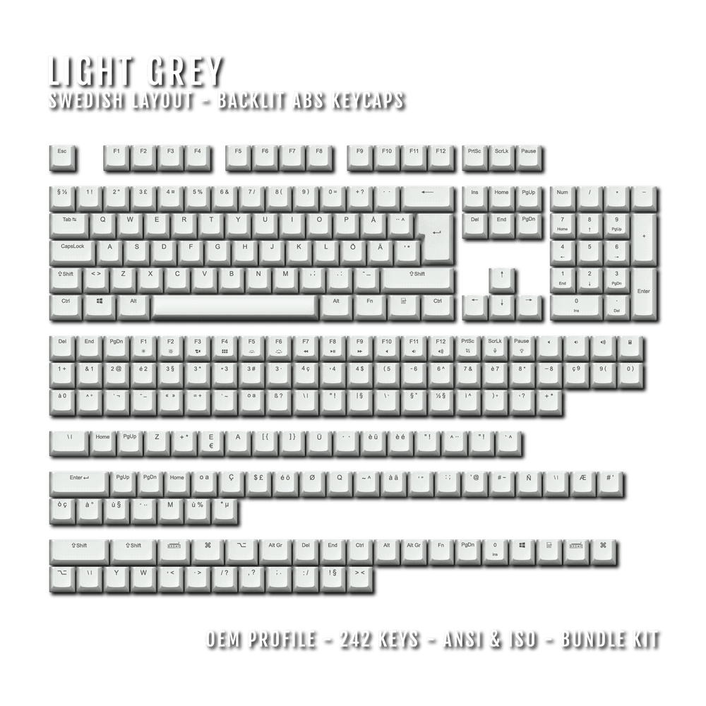 Light Grey Backlit Swedish Keycaps - ISO-SE - Windows & Mac - kromekeycaps