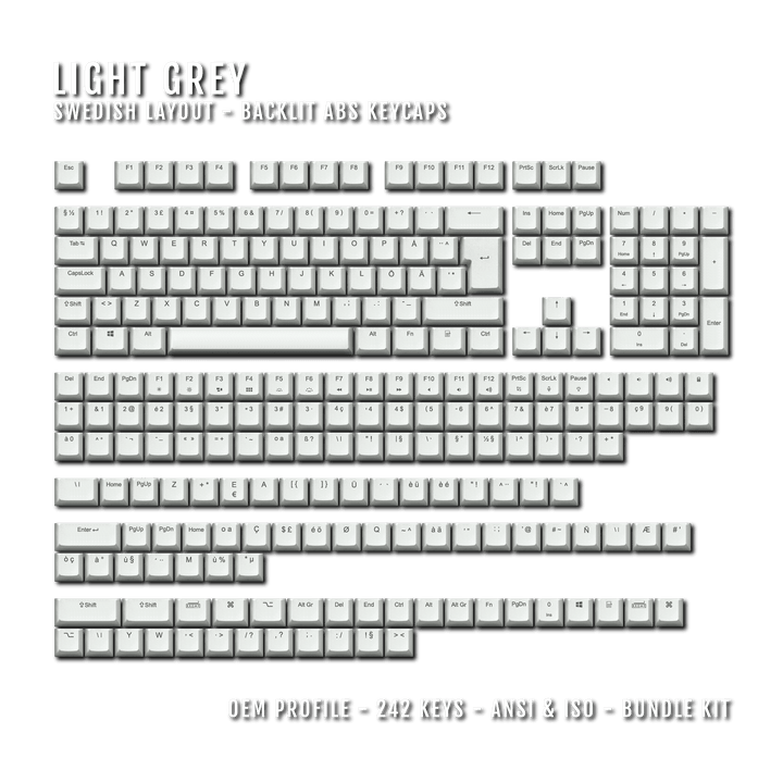 Light Grey Swedish (ISO-SE) Backlit ABS Keycaps for Windows & Mac Krome Keycaps LTD swedish