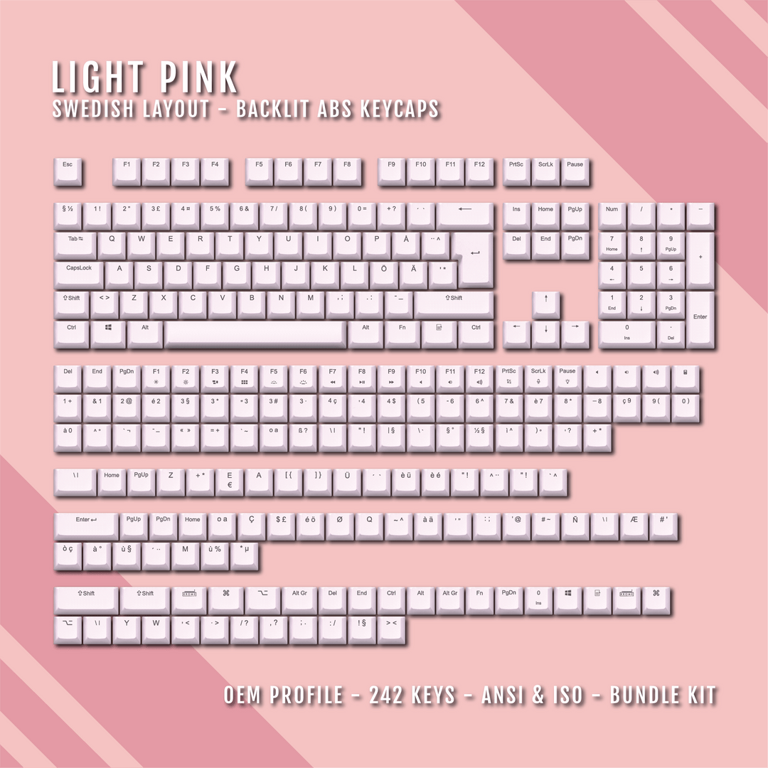 Light Pink Swedish (ISO-SE) Backlit ABS Keycaps for Windows & Mac Krome Keycaps LTD swedish