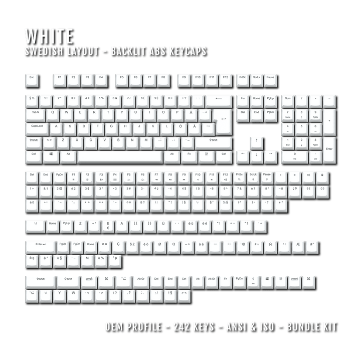 White Backlit Swedish Keycaps - ISO-SE - Windows & Mac - kromekeycaps