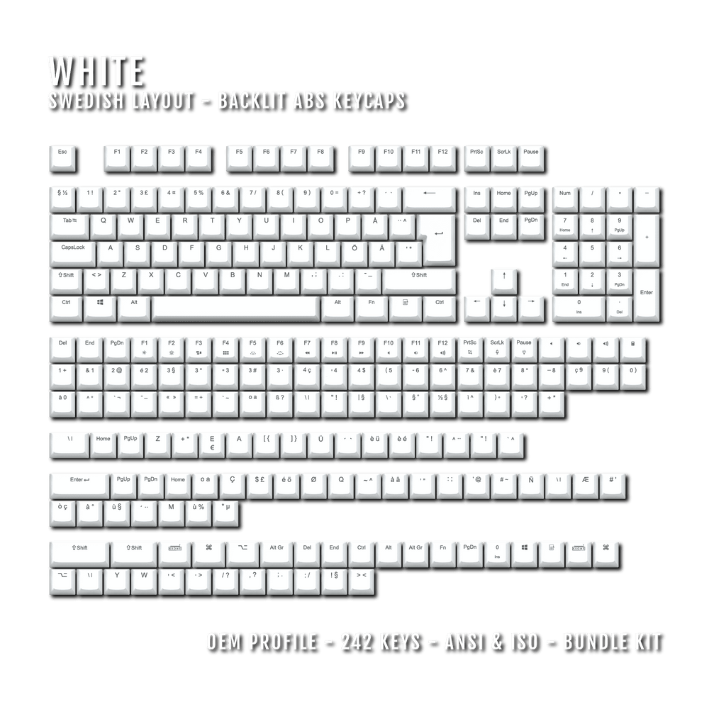 White Backlit Swedish Keycaps - ISO-SE - Windows & Mac - kromekeycaps