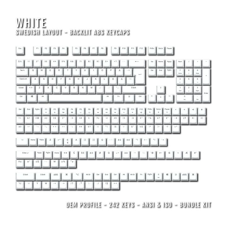 White Swedish (ISO-SE) Backlit ABS Keycaps for Windows & Mac Krome Keycaps LTD swedish