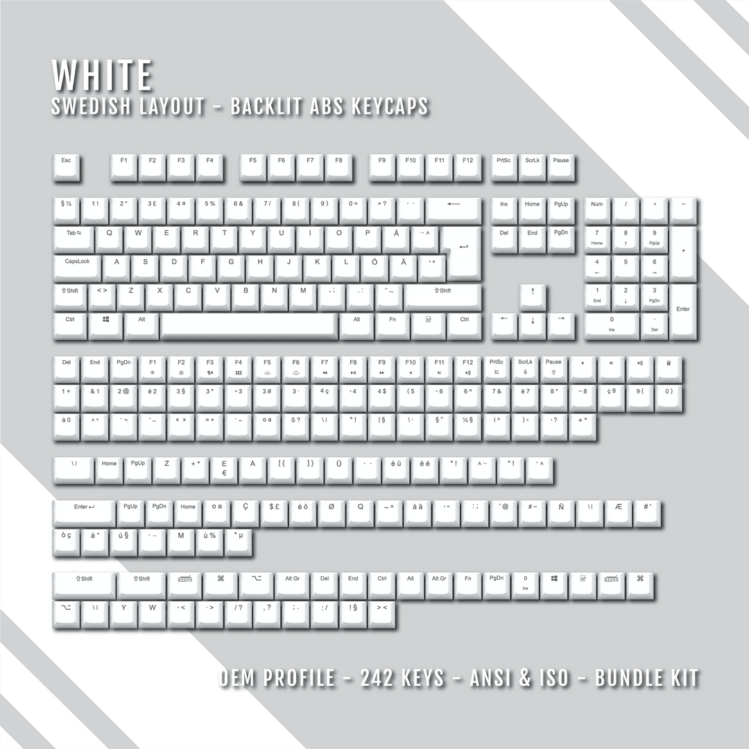 White Swedish (ISO-SE) Backlit ABS Keycaps for Windows & Mac Krome Keycaps LTD swedish