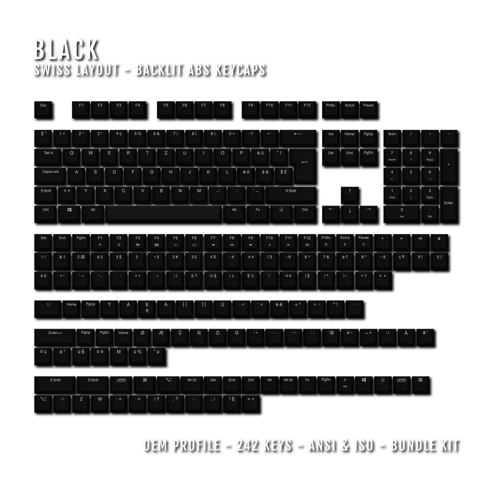 Black Swiss (ISO-CH) Backlit ABS Keycaps for Windows & Mac Krome Keycaps LTD swiss