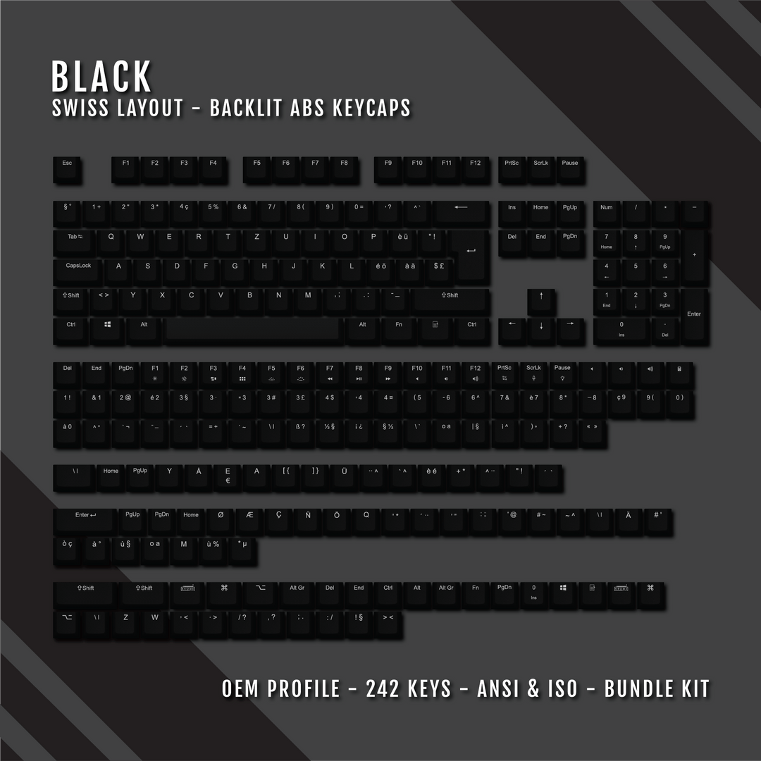 Black Backlit Swiss Keycaps - ISO-CH - Windows & Mac - kromekeycaps
