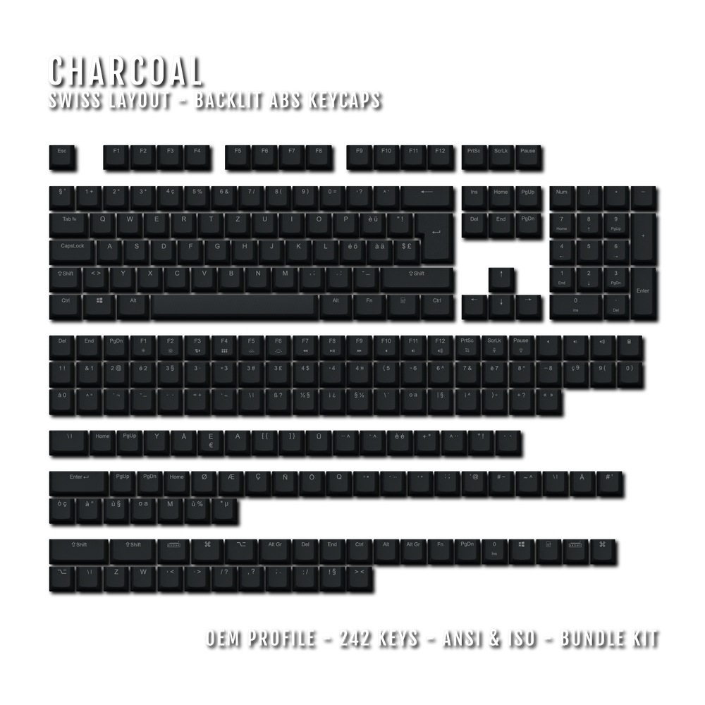 Charcoal Swiss (ISO-CH) Backlit ABS Keycaps for Windows & Mac Krome Keycaps LTD swiss